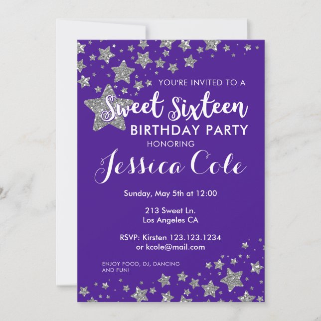 Sweet Sixteen Glitter Star Birthday Invitation (Front)