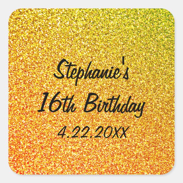 Sweet Sixteen Glittery Gold 16th Birthday Party Square Sticker (Front)