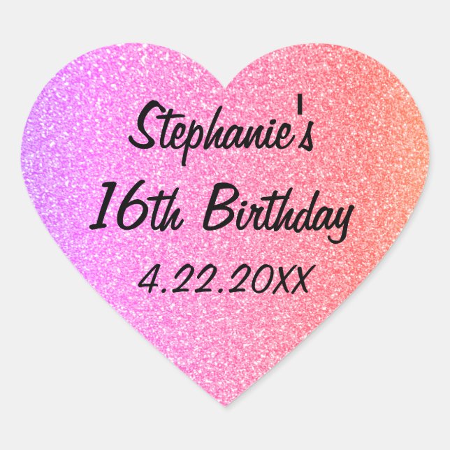 Sweet Sixteen Glittery Pink 16th Birthday Party Heart Sticker (Front)
