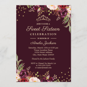 Sweet Sixteen Gold Burgundy floral Sparkle Invitation
