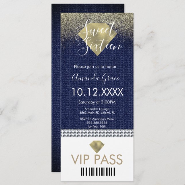 Sweet Sixteen Gold Denim Diamonds Glitter Invitation (Front/Back)