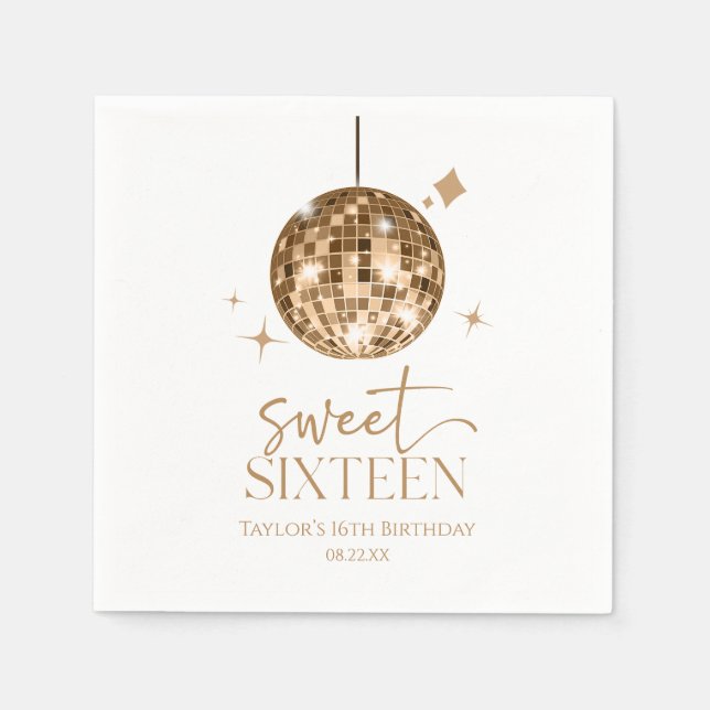 Sweet Sixteen Gold Disco Ball 16th Birthday Party Napkin (Front)