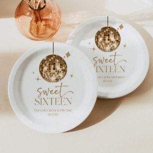 Sweet Sixteen Gold Disco Ball 16th Birthday Party Paper Plate
