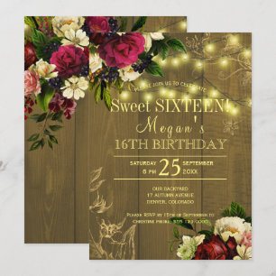 Sweet sixteen gold lights wood floral autumn fall invitation