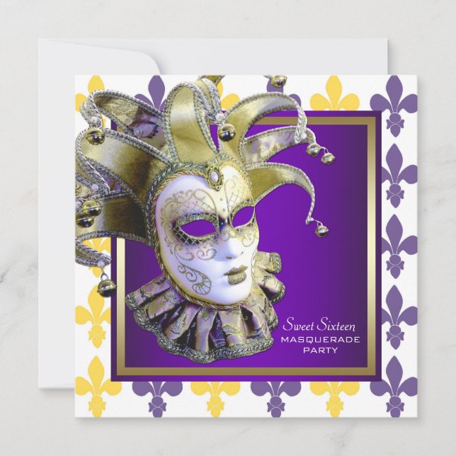 Sweet Sixteen Gold Purple Masquerade Party Invitation (Front)