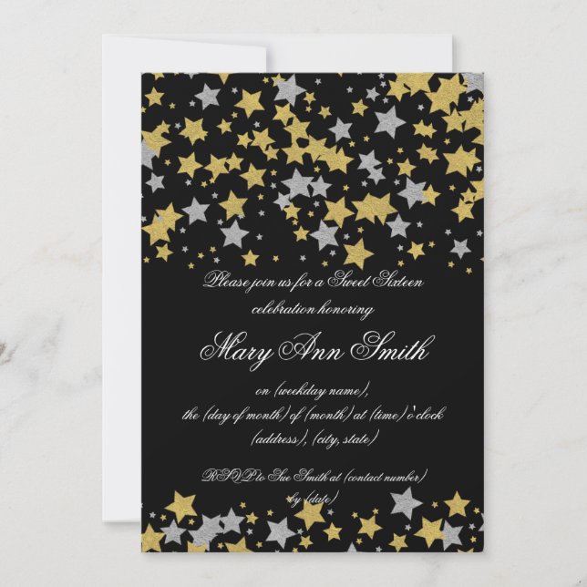 Sweet Sixteen Gold Silver Glitter Star Confetti Invitation (Front)