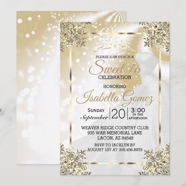 Sweet Sixteen Gold with Princess Gown Invitation (Front/Back)