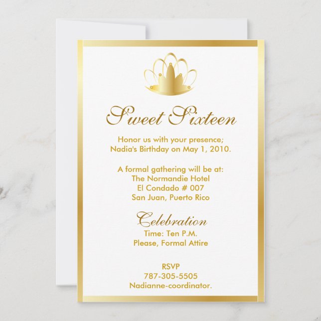 Sweet Sixteen Golden Tiara On White Invitation (Front)