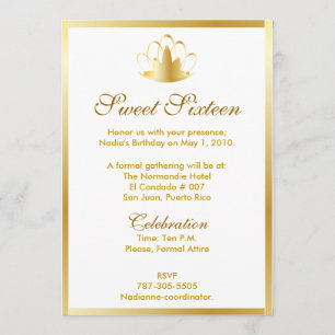 Sweet Sixteen Golden Tiara On White Invitation