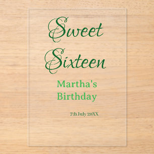 Sweet Sixteen green name date calligraphy boho ret Acrylic Invitations