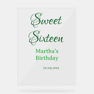 Sweet Sixteen green name date calligraphy boho ret Acrylic Sign