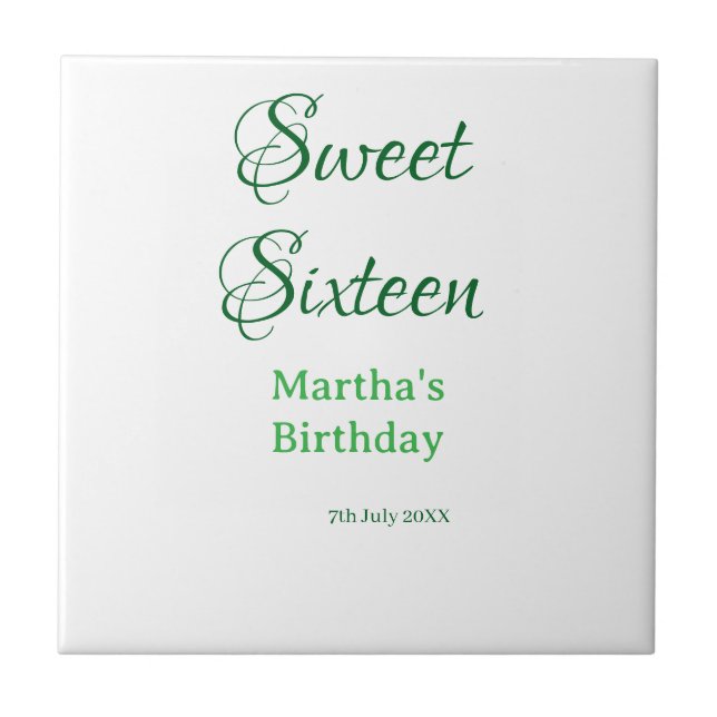 Sweet Sixteen green name date calligraphy boho ret Ceramic Tile (Front)
