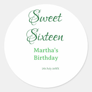 Sweet Sixteen green name date calligraphy boho ret Classic Round Sticker