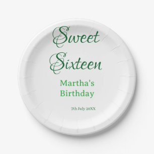 Sweet Sixteen green name date calligraphy boho ret Paper Plate
