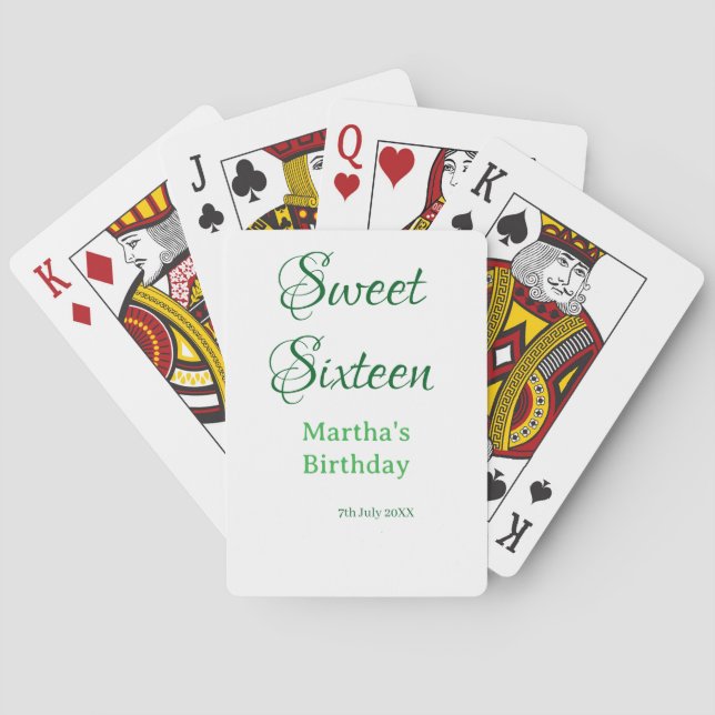 Sweet Sixteen green name date calligraphy boho ret Playing Cards (Back)
