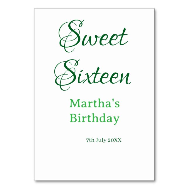 Sweet Sixteen green name date calligraphy boho ret Table Number (Front)
