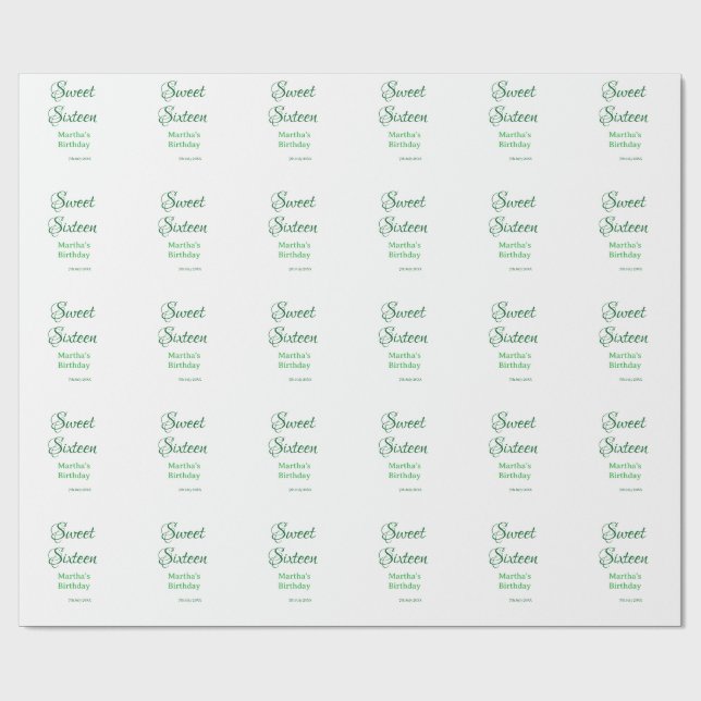 Sweet Sixteen green name date calligraphy boho ret Wrapping Paper (Flat)