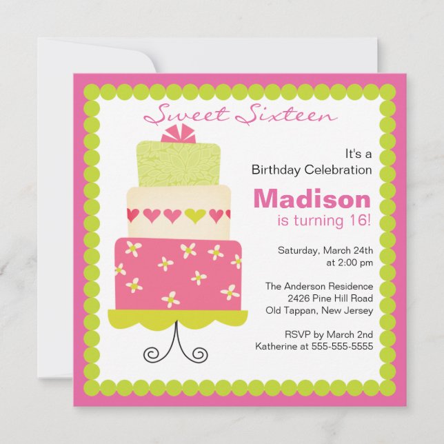 Sweet Sixteen Green & Pink Cake Birthday Invite (Front)