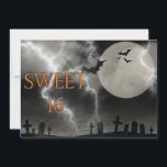 Sweet Sixteen Halloween Birthday Party Invitation<br><div class="desc">Scary Sweet Sixteen Birthday Party Invitation. Halloween theme with  black bats and a full moon over a dark and creepy graveyard. The lettering is a metallic look orange with a glow effect. Font on reverse can be customized to your needs.</div>