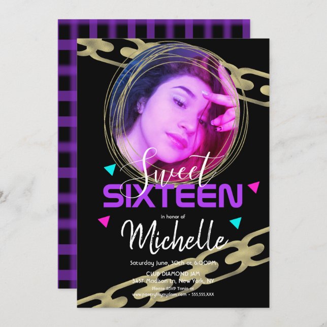 Sweet Sixteen Hip Hop Gold Ring Confetti Photo Invitation (Front/Back)