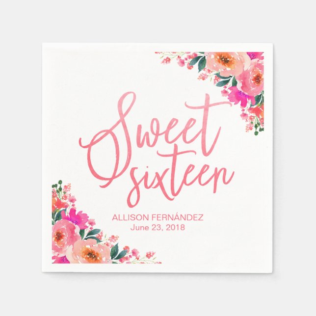 Sweet Sixteen Hot Pink Watercolor Floral Napkin (Front)