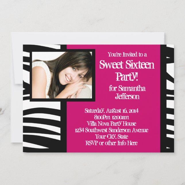 Sweet Sixteen, Hot Pink Zebra Photo Invitation (Front)