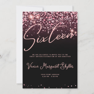 Sweet Sixteen in Rosegold and Black Invitation