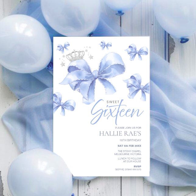 Sweet Sixteen Invitation, Blue Bow  16th Birthday Invitation (Creator Uploaded)