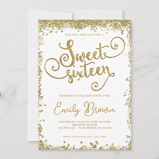 Sweet Sixteen invitation faux gold glitter (Front)
