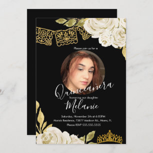 Sweet Sixteen Ivory Glitter Faux Floral Photo Invitation