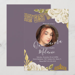 Sweet Sixteen Ivory Glitter Faux Florals Photo  Invitation