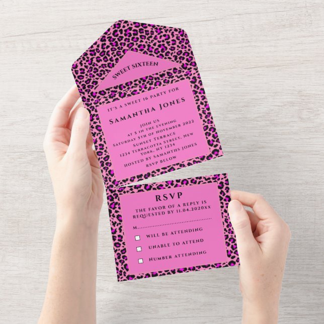 Sweet Sixteen Leopard Print Girly Pretty Pink All In One Invitation (Tearaway)
