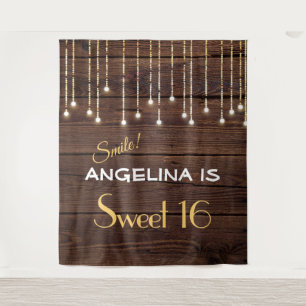 Sweet Sixteen Lights Wood Photo Booth Backdrop Tapestry