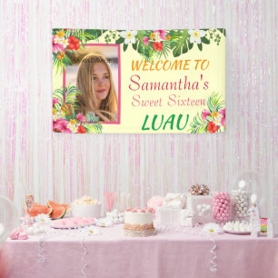 Sweet Sixteen Luau, Red Pink Hibiscus Tropical Banner