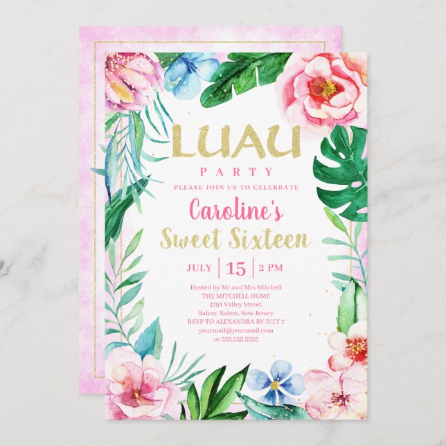 Sweet Sixteen Luau Tropical Floral Pink Hawaiian Invitation (Front/Back)