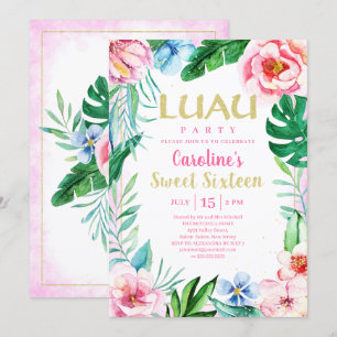 Sweet Sixteen Luau Tropical Floral Pink Hawaiian Invitation
