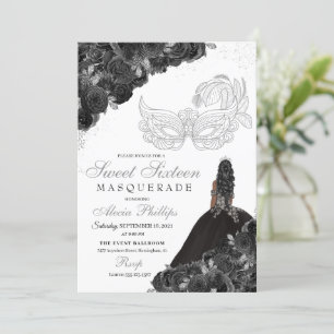Sweet Sixteen Masquerade Black & Silver Birthday Invitation