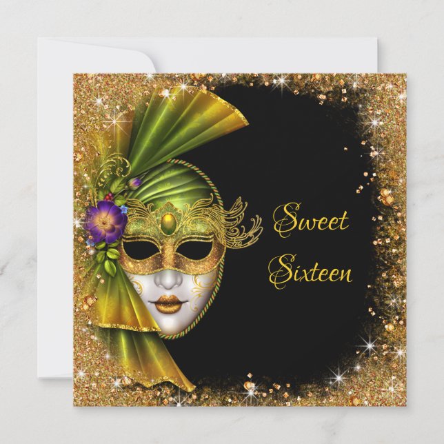 Sweet Sixteen, Masquerade, Gold Glitter Invitation (Front)