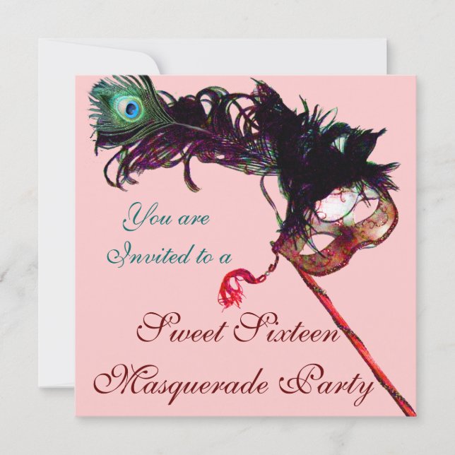SWEET SIXTEEN MASQUERADE PARTY ,Pink Gold Metallic Invitation (Front)