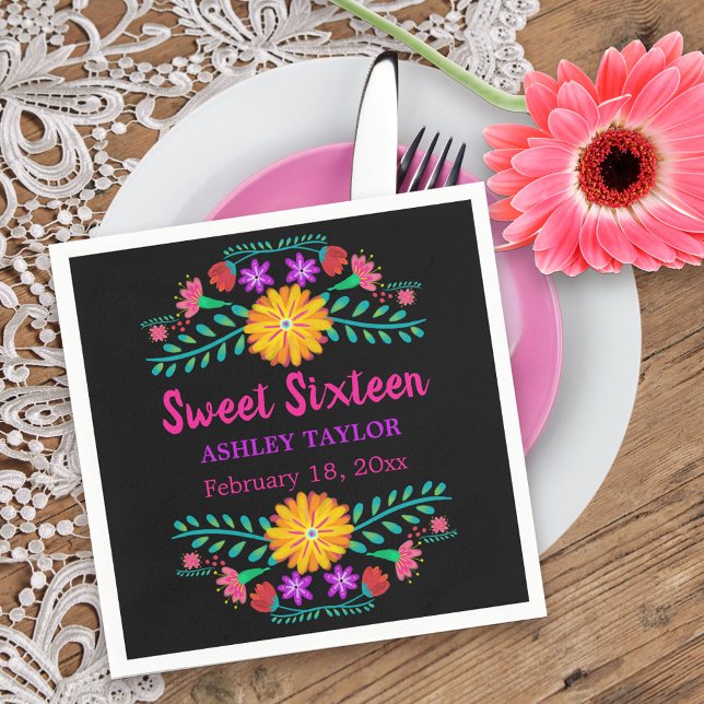 Sweet Sixteen Mexican Fiesta Black and Pink Floral Napkin (Sweet 16 napkins from my Mexican Fiesta Floral collection
)