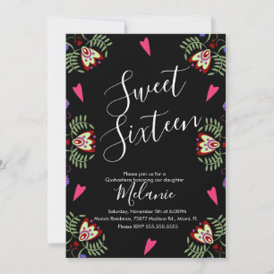 Sweet Sixteen Mexican Fiesta Floral Heart Black Invitation