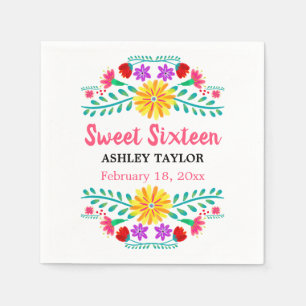 Sweet Sixteen Mexican Fiesta White and Pink Floral Napkin