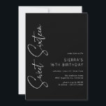 Sweet Sixteen | Modern Minimal Black 16th Birthday Invitation<br><div class="desc">Sleek and modern sweet 16 invitations with a handwritten script font. Type based design with white text on a black background.</div>