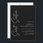 Sweet Sixteen | Modern Minimal Black 16th Birthday Invitation<br><div class="desc">Sleek and modern sweet 16 invitations with a handwritten script font. Type based design with white text on a black background.</div>