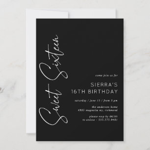 Sweet Sixteen   Modern Minimal Black 16th Birthday Invitation