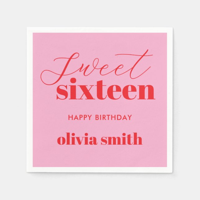 Sweet Sixteen Modern Pink Red 16th Birthday Napkin (Front)
