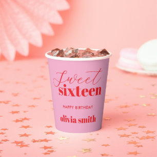 Sweet Sixteen Modern Pink Red 16th Birthday Paper Cups