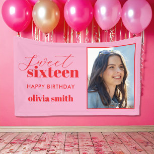 Sweet Sixteen Modern Pink Red 16th Birthday Photo Banner