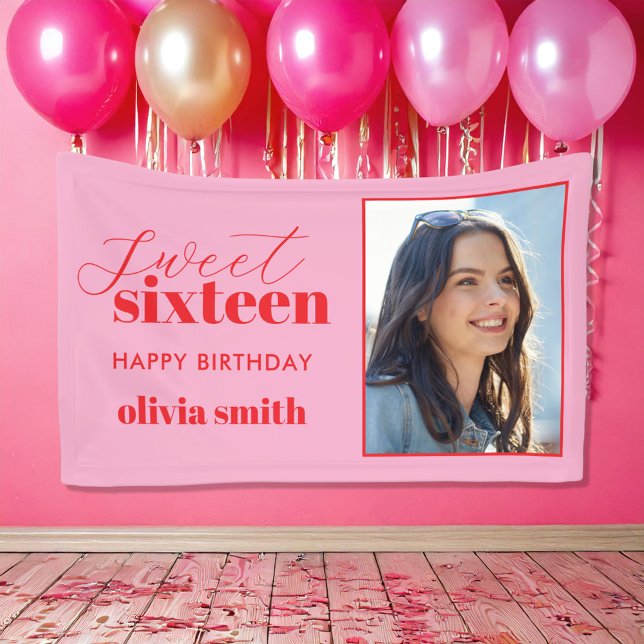 Sweet Sixteen Modern Pink Red 16th Birthday Photo Banner (Creator Uploaded)