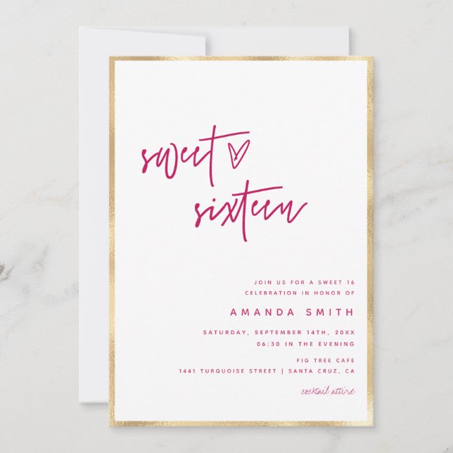 Sweet Sixteen Modern Script Faux Gold Foil Pink In Invitation (Front)